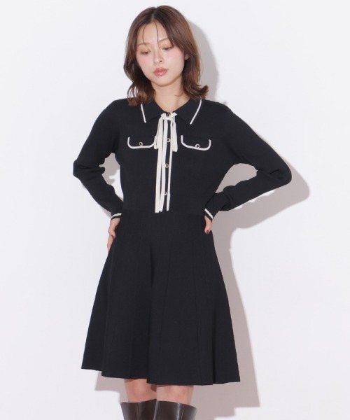 JILL by JILL STUART(ジルバイジルスチュアート)の「配色ラインニットミニワンピース長袖(ワンピース・レディース・ピンク/ブラック/ホワイト・FREE)」の7枚目の写真