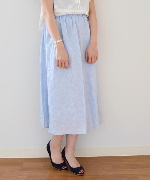 SHIPS（シップス）の「アイリッシュリネンフレアスカート◇（スカート・レディース・ピンク/ネイビー/ライトブルー・ONE SIZE）」の2枚目の写真