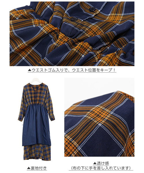 KOBE LETTUCE（コウベレタス）の「チェック柄Vネックスキッパーシャツワンピース＊ロング丈/レディース[E1918]神戸レタス（ワンピース・レディース・ネイビー/グリーン/ワイン・FREE）」の7枚目の写真