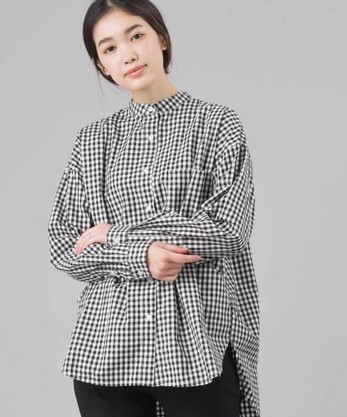 OMNES（オムネス）の「タイプライター ウォッシャブルバンドカラービッグシャツ（シャツ/ブラウス・レディース・ホワイト/チャコールグレー/カーキ/チェック・FREE）」の4枚目の写真