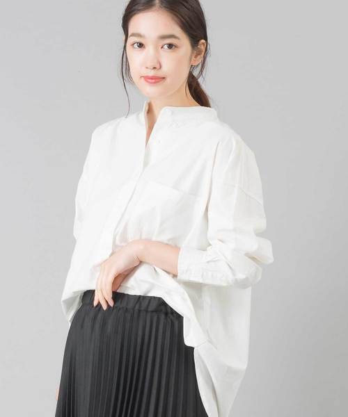 OMNES（オムネス）の「タイプライター ウォッシャブルバンドカラービッグシャツ（シャツ/ブラウス・レディース・ホワイト/チャコールグレー/カーキ/チェック・FREE）」の5枚目の写真