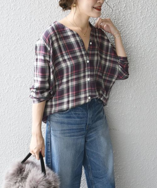SHIPS Days（シップスデイズ）の「SHIPS Days STANDARD:スキッパーチェックシャツ◇（シャツ/ブラウス・レディース・ベージュ/パープル・S～Ｍ/M～Ｌ）」の11枚目の写真