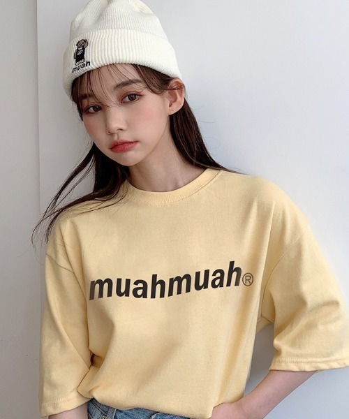 muahmuah(ムーアムーア)の「A'GEM/9 × .kom『muah muah/ムーアムーア』LOWER PRINTING HALF T-SHIRT/ロアープリント 半袖Tシャツ(Tシャツ/カットソー・レディース・ブラック/ライトパープル/ネイビー/ホワイト/イエロー/ライトグリーン・FREE)」の6枚目の写真