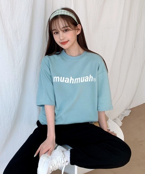 muahmuah(ムーアムーア)の「A'GEM/9 × .kom『muah muah/ムーアムーア』LOWER PRINTING HALF T-SHIRT/ロアープリント 半袖Tシャツ(Tシャツ/カットソー・レディース・ブラック/ライトパープル/ネイビー/ホワイト/イエロー/ライトグリーン・FREE)」の3枚目の写真