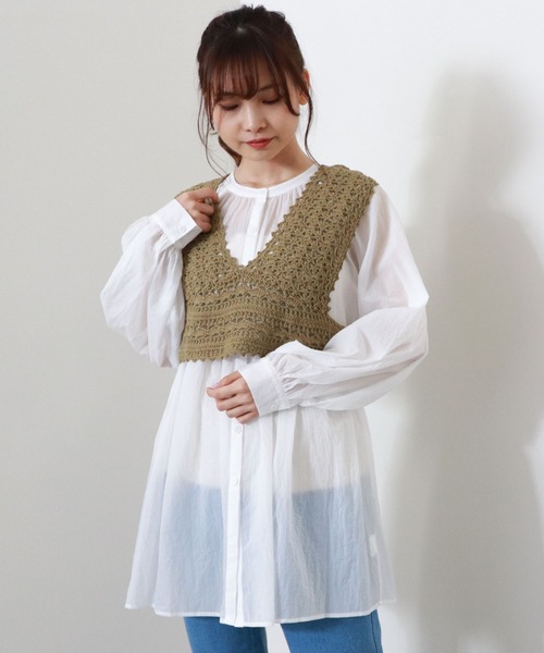 archives(アルシーヴ)の「バックレースアップかぎ針ビスチェ+ボリュームスリーブチュニックset(シャツ/ブラウス・レディース・ブルー/アイボリー/グリーン系その他・MEDIUM)」の7枚目の写真