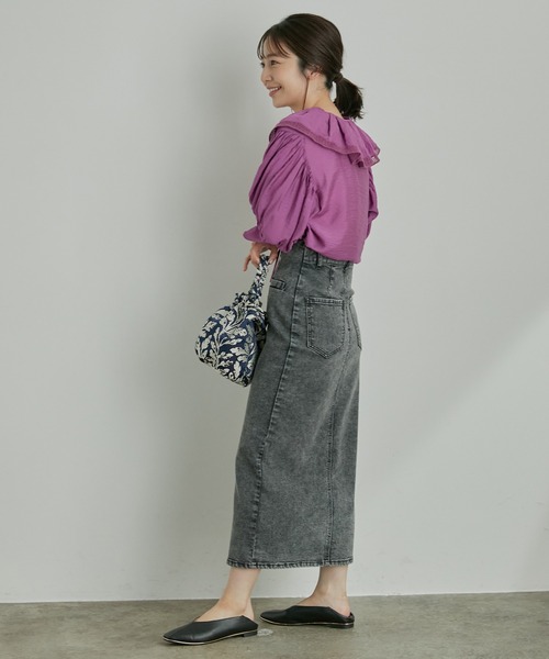 VIS（ビス）の「ストレッチで履き心地の良い、ハイウエストタイトスカート【sustainable】（デニムスカート・レディース・グレー系その他/ネイビー/ブルー・S/M/SS）」の7枚目の写真