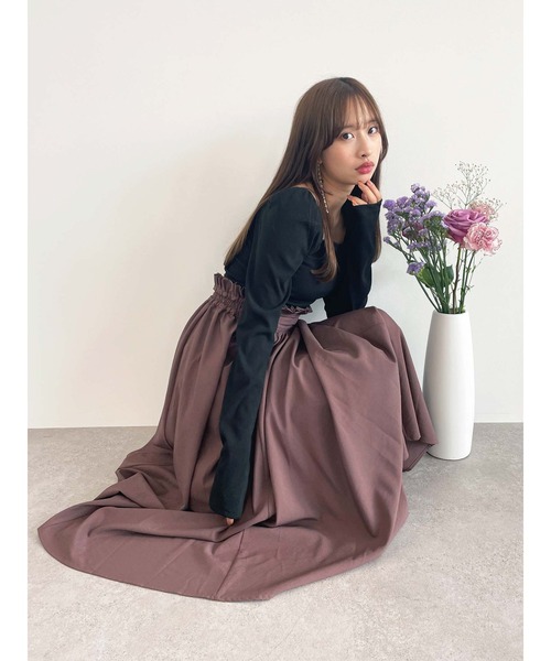 Honey Salon(ハニーサロン)の「ハイウエストフリルスカート(スカート・レディース・ライトグレー/ブラウン・FREE)」の2枚目の写真