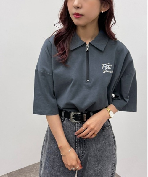 apres jour mignon（アプレジュールミニョン）の「ハーフジップTシャツ【ZOZOTOWN限定アイテム】（Tシャツ/カットソー・レディース・ダークグリーン/ナチュラル/ダークブルー・X-LARGE/フリー）」の3枚目の写真