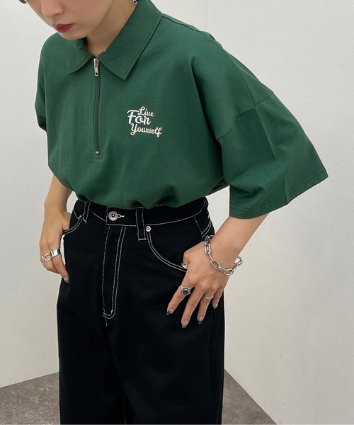 apres jour mignon（アプレジュールミニョン）の「ハーフジップTシャツ【ZOZOTOWN限定アイテム】（Tシャツ/カットソー・レディース・ダークグリーン/ナチュラル/ダークブルー・X-LARGE/フリー）」の19枚目の写真