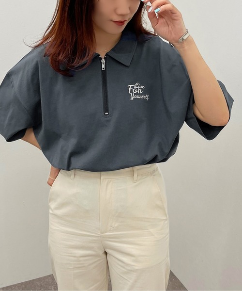 apres jour mignon（アプレジュールミニョン）の「ハーフジップTシャツ【ZOZOTOWN限定アイテム】（Tシャツ/カットソー・レディース・ダークグリーン/ナチュラル/ダークブルー・X-LARGE/フリー）」の9枚目の写真