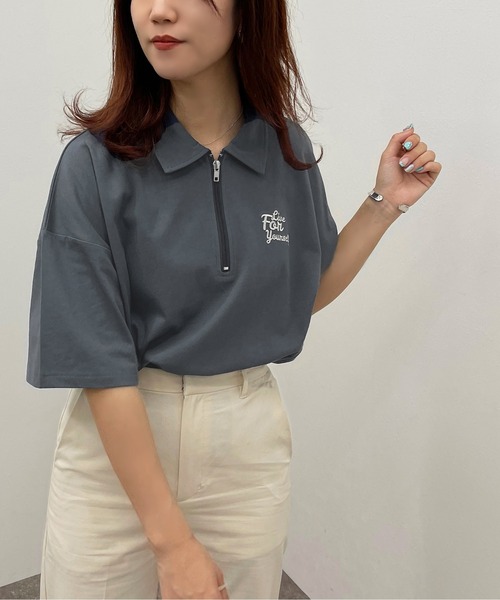 apres jour mignon（アプレジュールミニョン）の「ハーフジップTシャツ【ZOZOTOWN限定アイテム】（Tシャツ/カットソー・レディース・ダークグリーン/ナチュラル/ダークブルー・X-LARGE/フリー）」の12枚目の写真