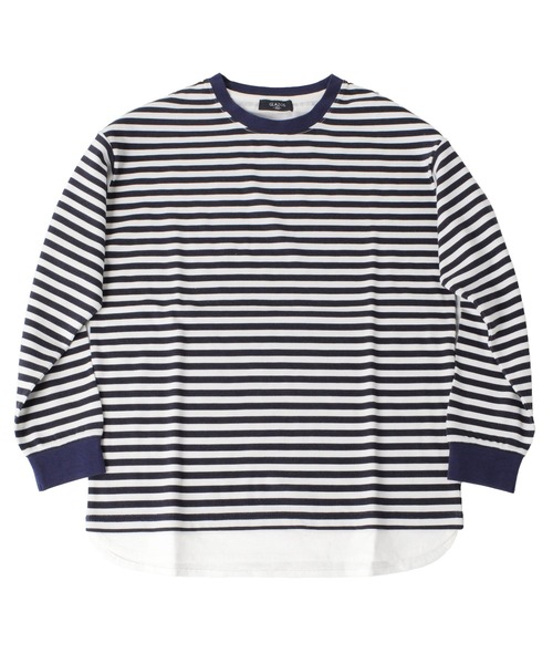 GLAZOS（グラソス）の「厚手天竺・ドロップショルダーフェイクレイヤードボーダー長袖Tシャツ（Tシャツ/カットソー・キッズ・カーキ/チャコールグレー/ブラック/ホワイト・130cm/160cm/140cm/150cm/170cm）」の2枚目の写真