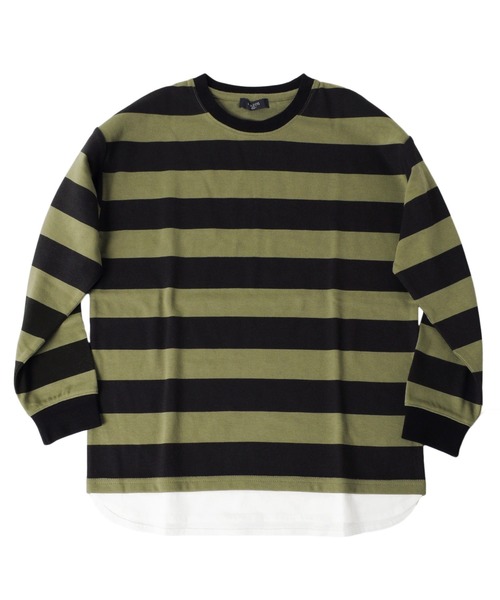 GLAZOS（グラソス）の「厚手天竺・ドロップショルダーフェイクレイヤードボーダー長袖Tシャツ（Tシャツ/カットソー・キッズ・カーキ/チャコールグレー/ブラック/ホワイト・130cm/160cm/140cm/150cm/170cm）」の17枚目の写真