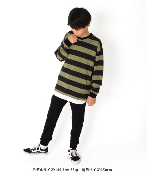 GLAZOS（グラソス）の「厚手天竺・ドロップショルダーフェイクレイヤードボーダー長袖Tシャツ（Tシャツ/カットソー・キッズ・カーキ/チャコールグレー/ブラック/ホワイト・130cm/160cm/140cm/150cm/170cm）」の5枚目の写真