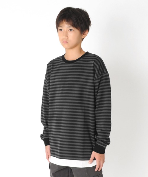 GLAZOS（グラソス）の「厚手天竺・ドロップショルダーフェイクレイヤードボーダー長袖Tシャツ（Tシャツ/カットソー・キッズ・カーキ/チャコールグレー/ブラック/ホワイト・130cm/160cm/140cm/150cm/170cm）」の11枚目の写真