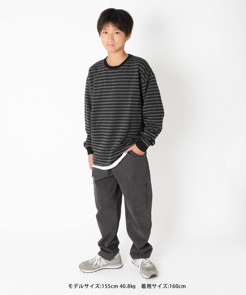 GLAZOS（グラソス）の「厚手天竺・ドロップショルダーフェイクレイヤードボーダー長袖Tシャツ（Tシャツ/カットソー・キッズ・カーキ/チャコールグレー/ブラック/ホワイト・130cm/160cm/140cm/150cm/170cm）」の13枚目の写真