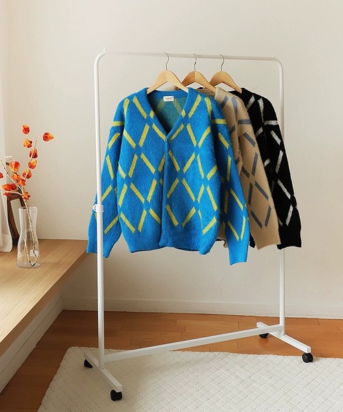 【Camel by KOREA】GEOMETRIC V-NECK KNIT CARDIGAN / 幾何学柄 Vネック ニット カーディガン / ビッグシルエット