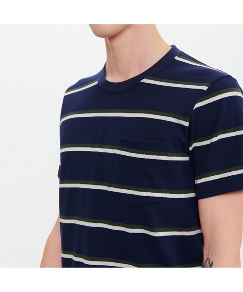 AIGLE(エーグル)の「MIJ マルチボーダー ポケット 半袖Tシャツ(Tシャツ/カットソー・メンズ・ホワイト/ライトブルー/ダークネイビー・M/S/L/LL)」の4枚目の写真