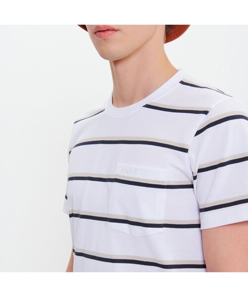 AIGLE(エーグル)の「MIJ マルチボーダー ポケット 半袖Tシャツ(Tシャツ/カットソー・メンズ・ホワイト/ライトブルー/ダークネイビー・M/S/L/LL)」の7枚目の写真