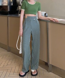 Jewelobe | 変形ウエストセミワイドチェックパンツ(スラックス)