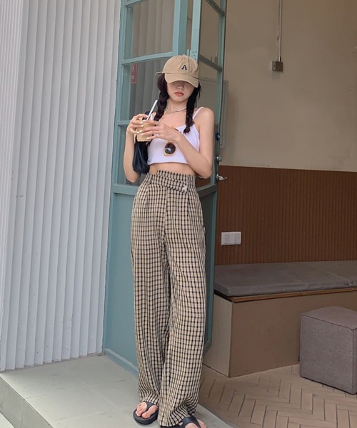 Jewelobe(ジュエローブ)の「変形ウエストセミワイドチェックパンツ(スラックス・レディース・ブラウン/グリーン・S/M)」の3枚目の写真