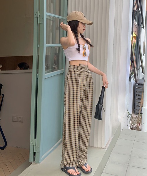 Jewelobe(ジュエローブ)の「変形ウエストセミワイドチェックパンツ(スラックス・レディース・ブラウン/グリーン・S/M)」の5枚目の写真
