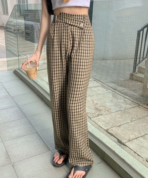 Jewelobe(ジュエローブ)の「変形ウエストセミワイドチェックパンツ(スラックス・レディース・ブラウン/グリーン・S/M)」の6枚目の写真