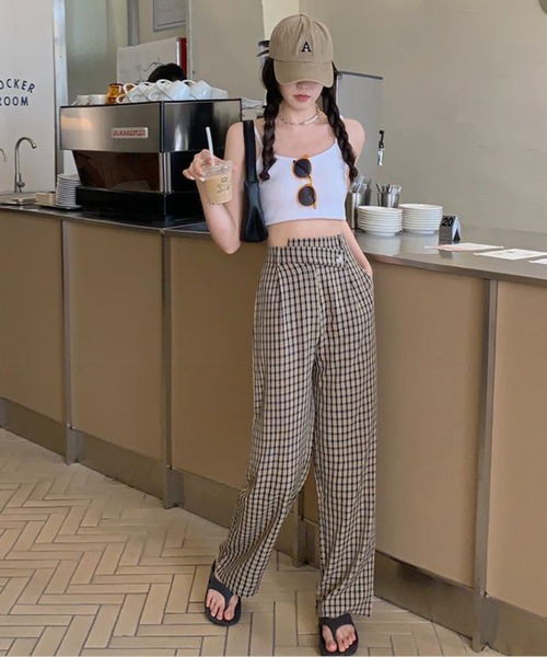 Jewelobe(ジュエローブ)の「変形ウエストセミワイドチェックパンツ(スラックス・レディース・ブラウン/グリーン・S/M)」の7枚目の写真