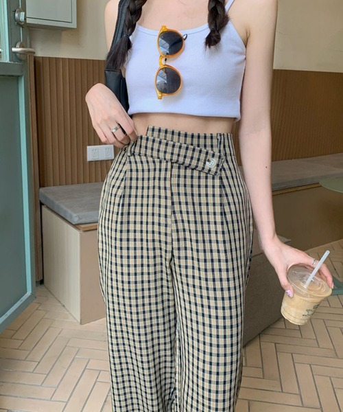 Jewelobe(ジュエローブ)の「変形ウエストセミワイドチェックパンツ(スラックス・レディース・ブラウン/グリーン・S/M)」の11枚目の写真