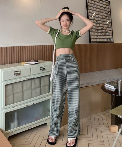 Jewelobe(ジュエローブ)の「変形ウエストセミワイドチェックパンツ(スラックス・レディース・ブラウン/グリーン・S/M)」の13枚目の写真