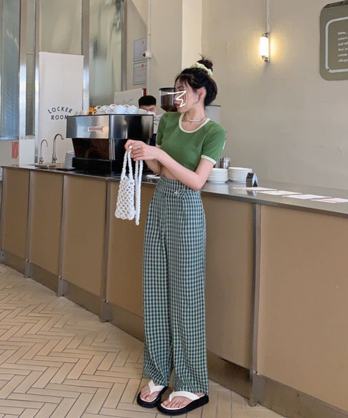 Jewelobe(ジュエローブ)の「変形ウエストセミワイドチェックパンツ(スラックス・レディース・ブラウン/グリーン・S/M)」の14枚目の写真