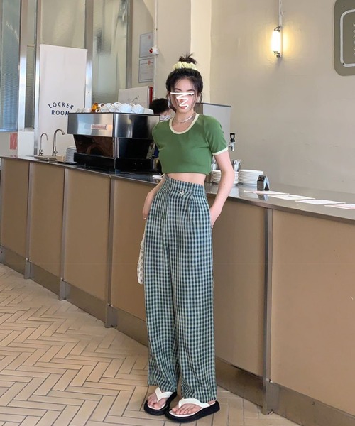 Jewelobe(ジュエローブ)の「変形ウエストセミワイドチェックパンツ(スラックス・レディース・ブラウン/グリーン・S/M)」の17枚目の写真