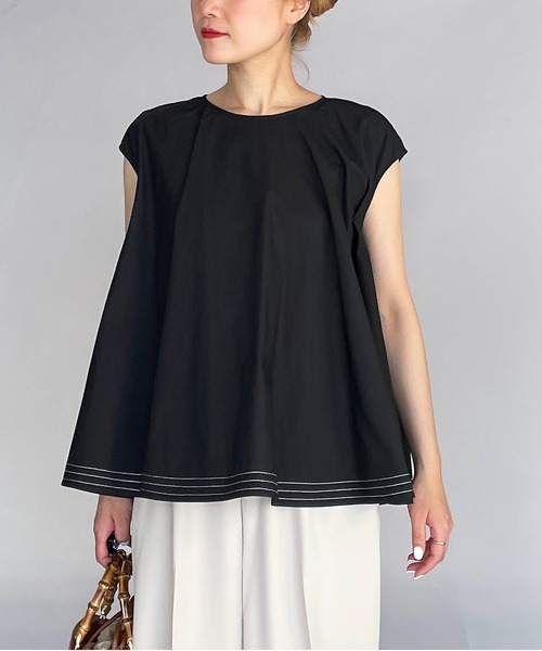 PICCIN（ピッチン）の「ラインステッチフレアブラウス（シャツ/ブラウス・レディース・ブラック/オフホワイト/サックスブルー・M）」の6枚目の写真