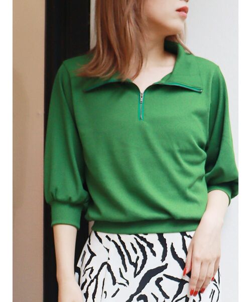 MURUA（ムルーア）の「ハーフジップパフテレコトップス（ポロシャツ・レディース・ブラック/ブラウン/グリーン/アイボリー・FREE）」の4枚目の写真