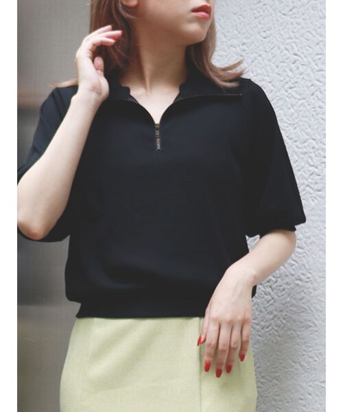 MURUA（ムルーア）の「ハーフジップパフテレコトップス（ポロシャツ・レディース・ブラック/ブラウン/グリーン/アイボリー・FREE）」の3枚目の写真