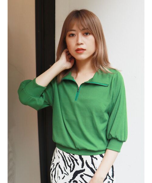 MURUA（ムルーア）の「ハーフジップパフテレコトップス（ポロシャツ・レディース・ブラック/ブラウン/グリーン/アイボリー・FREE）」の13枚目の写真