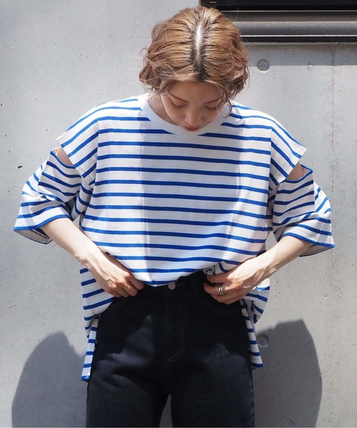 tiptop(ティップトップ)の「袖スリットボーダーBIGプルオーバー(Tシャツ/カットソー・レディース・ネイビー/ブルー/グリーン・FREE)」の3枚目の写真