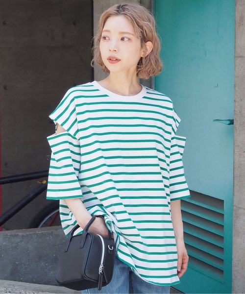 tiptop(ティップトップ)の「袖スリットボーダーBIGプルオーバー(Tシャツ/カットソー・レディース・ネイビー/ブルー/グリーン・FREE)」の5枚目の写真