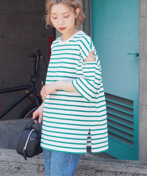tiptop(ティップトップ)の「袖スリットボーダーBIGプルオーバー(Tシャツ/カットソー・レディース・ネイビー/ブルー/グリーン・FREE)」の6枚目の写真