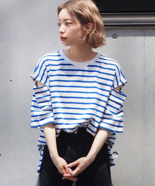 tiptop(ティップトップ)の「袖スリットボーダーBIGプルオーバー(Tシャツ/カットソー・レディース・ネイビー/ブルー/グリーン・FREE)」の14枚目の写真