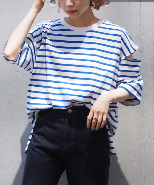 tiptop(ティップトップ)の「袖スリットボーダーBIGプルオーバー(Tシャツ/カットソー・レディース・ネイビー/ブルー/グリーン・FREE)」の16枚目の写真