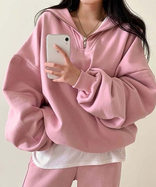 BEIDELLI（ベイデリー）の「[BELLIDE MADE] ルーズフィットセーラーカラーハーフジップアップ起毛スウェット（スウェット・レディース・ピンク/イエロー/スカイブルー・FREE）」の3枚目の写真