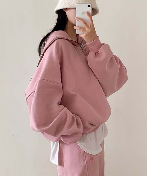 BEIDELLI（ベイデリー）の「[BELLIDE MADE] ルーズフィットセーラーカラーハーフジップアップ起毛スウェット（スウェット・レディース・ピンク/イエロー/スカイブルー・FREE）」の14枚目の写真