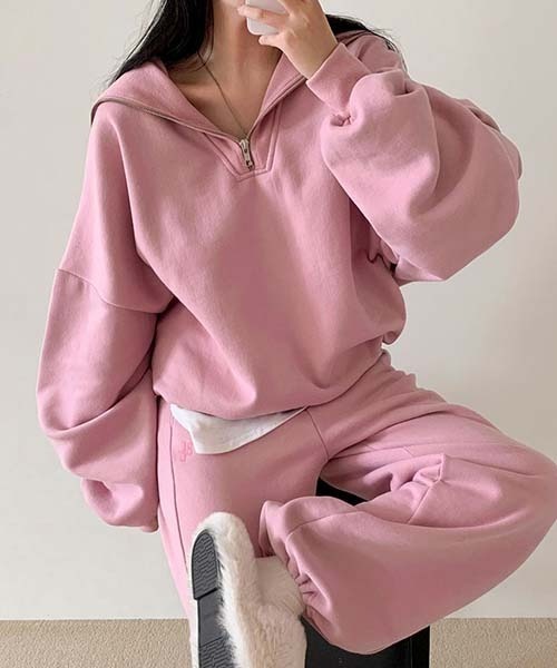 BEIDELLI（ベイデリー）の「[BELLIDE MADE] ルーズフィットセーラーカラーハーフジップアップ起毛スウェット（スウェット・レディース・ピンク/イエロー/スカイブルー・FREE）」の11枚目の写真