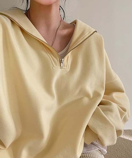 BEIDELLI（ベイデリー）の「[BELLIDE MADE] ルーズフィットセーラーカラーハーフジップアップ起毛スウェット（スウェット・レディース・ピンク/イエロー/スカイブルー・FREE）」の18枚目の写真
