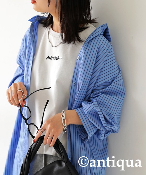 antiqua（アンティカ）の「綿100%バスク生地刺繍ロゴTシャツ（Tシャツ/カットソー・レディース・ブラック/ホワイト・ML/LXL）」の22枚目の写真