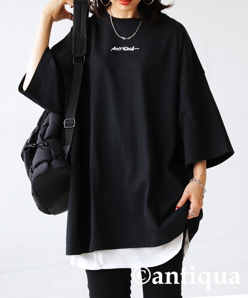 antiqua（アンティカ）の「綿100%バスク生地刺繍ロゴTシャツ（Tシャツ/カットソー・レディース・ブラック/ホワイト・ML/LXL）」の5枚目の写真