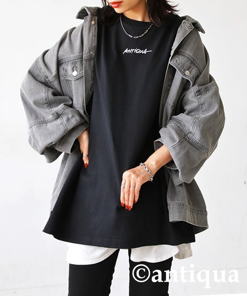 antiqua（アンティカ）の「綿100%バスク生地刺繍ロゴTシャツ（Tシャツ/カットソー・レディース・ブラック/ホワイト・ML/LXL）」の12枚目の写真
