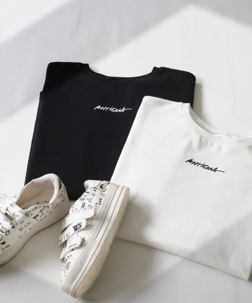 antiqua（アンティカ）の「綿100%バスク生地刺繍ロゴTシャツ（Tシャツ/カットソー・レディース・ブラック/ホワイト・ML/LXL）」の14枚目の写真
