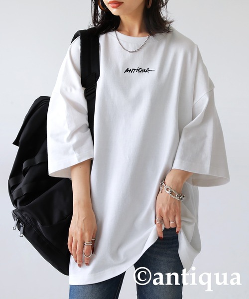 antiqua（アンティカ）の「綿100%バスク生地刺繍ロゴTシャツ（Tシャツ/カットソー・レディース・ブラック/ホワイト・ML/LXL）」の15枚目の写真